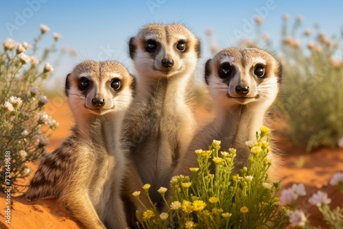Awe-inspiring meerkat family navigating throughthe vibrant african safari landscape © chelmicky