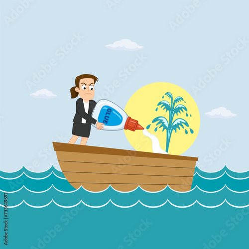 Businesswoman trying to save her boat from sinking with glue.illustration vector eps10 cartoon. 
