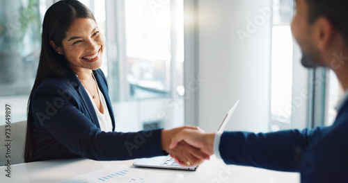 Business people, smile and handshake for deal, agreement and partnership negotiation in office. Shaking hands, contract and recruitment, hiring offer and b2b collaboration of consultant in meeting photo