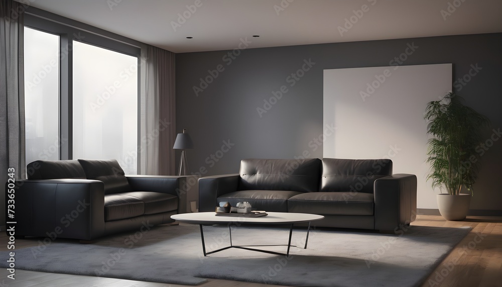 Fototapeta premium Two black sofas in modern design living room