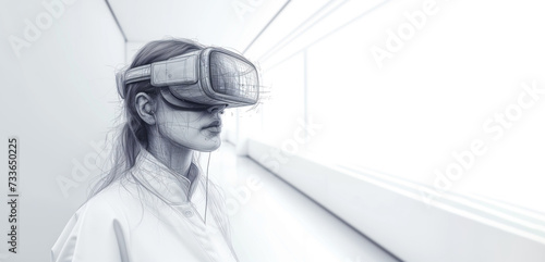 Line art sketch of Female doctor wearing virtual reality glasses isolated on bright white background. Copy space, banner. Innovative technologies