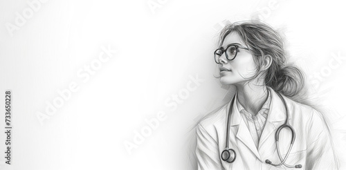 Line art sketch of female in glasses caucasian doctor wearing stethoscope isolated on bright white background. Copy space, banner.