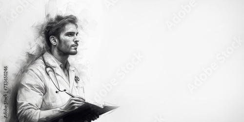 Line art sketch of Male caucasian doctor wearing stethoscope making notes in notebook isolated on bright white background. Copy space, banner. photo