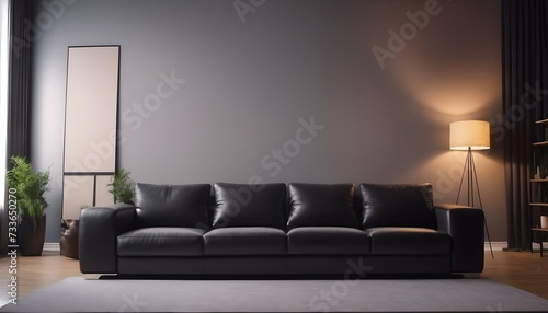 Wide black sofa in modern design living room