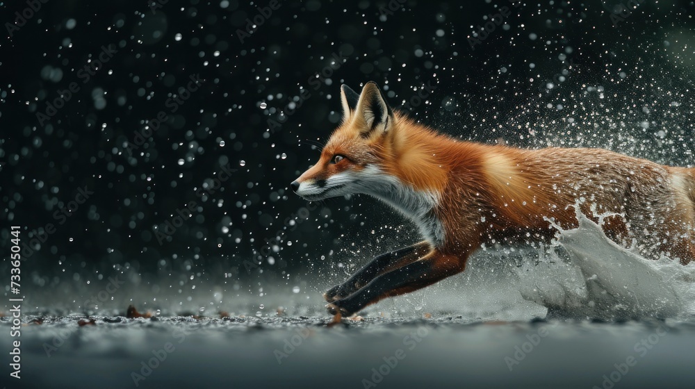 Red fox with water splash on black backdrop Red fox with water splash on black backdrop