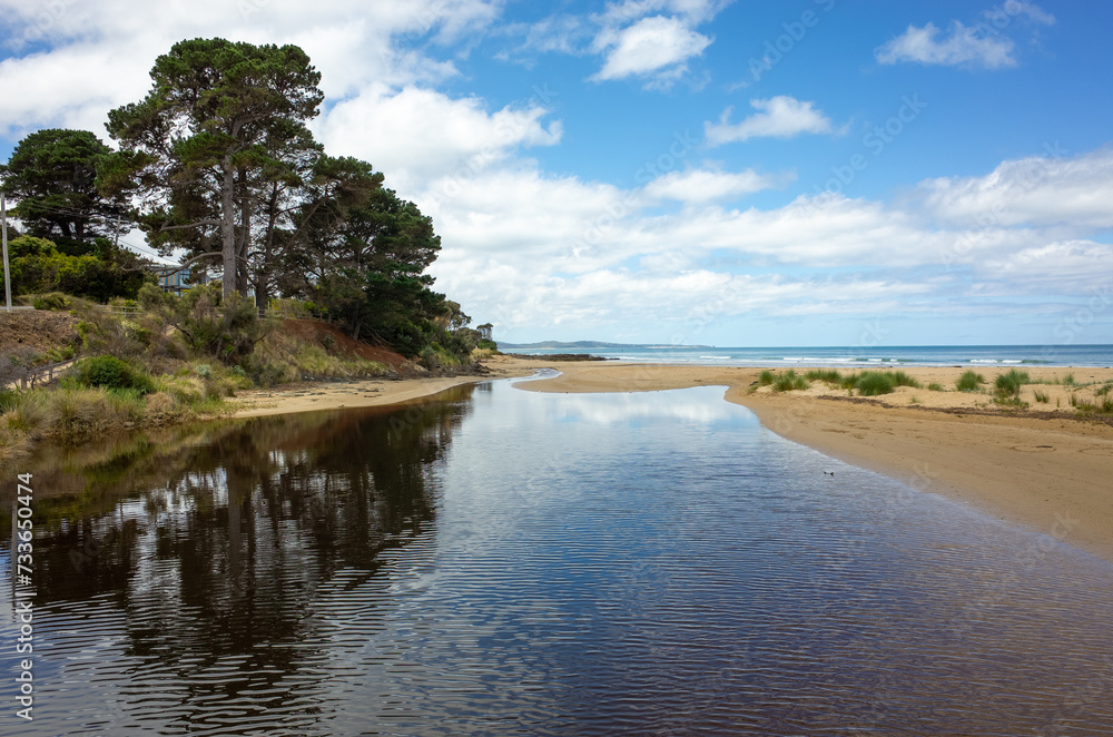 Erskine River with brown water near Lorne Beach flows into the ocean. Lorne is a popular resort towns and the beach is a famous tourist sightseeing attraction on the Great Ocean Road, VIC Australia. Erskine River with brown water near Lorne Beach flows into the ocean. Lorne is a popular resort towns and the beach is a famous tourist sightseeing attraction on the Great Ocean Road, VIC Australia.