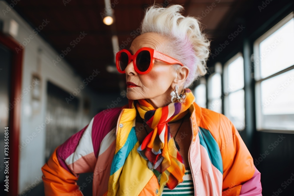 Fashionable senior woman with pink hair wearing stylish clothes and sunglasses.