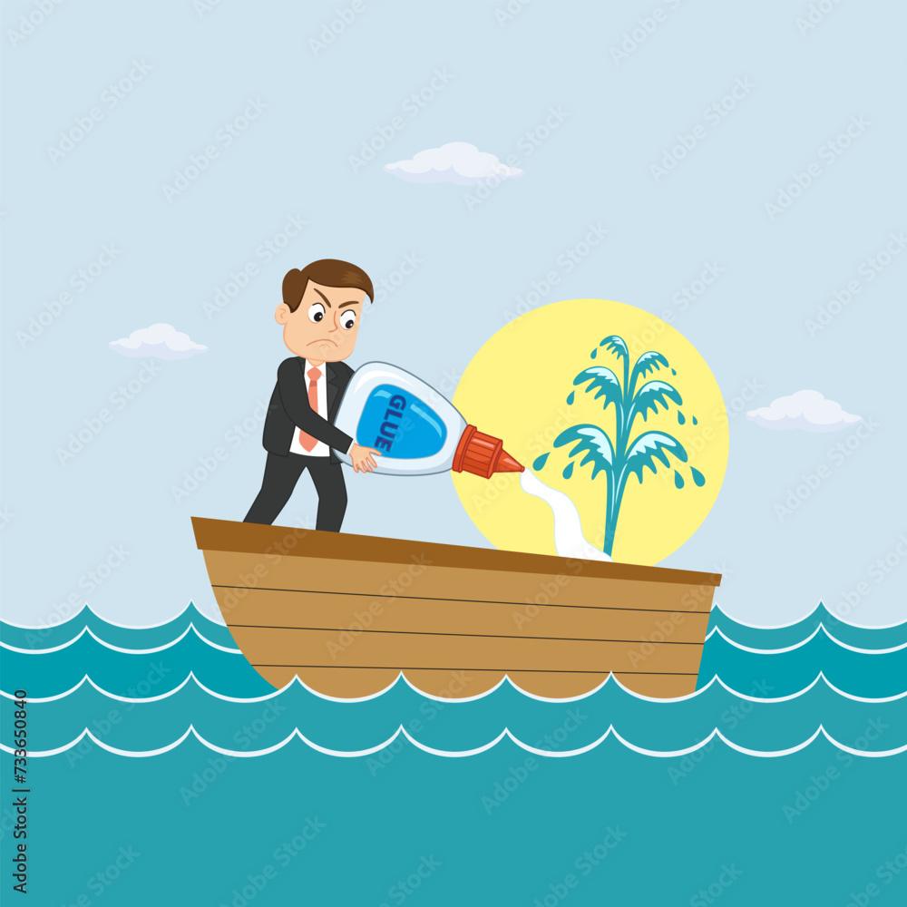 Businessman trying to save his boat from sinking with glue.illustration vector eps10 cartoon. Businessman trying to save his boat from sinking with glue.illustration vector eps10 cartoon.
