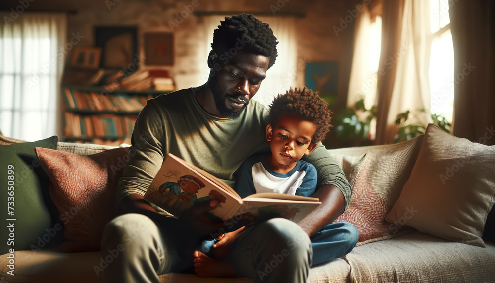 African father reading a book to his children.Reading to young children is proven to improve cognitive skills and help along the process of cognitive development and Improved language skills African father reading a book to his children.Reading to young children is proven to improve cognitive skills and help along the process of cognitive development and Improved language skills