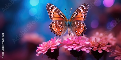 Butterfly on pink flower with bokeh light background. Nature beauty concept