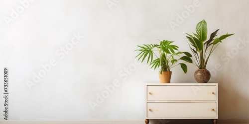 Chest of drawers with house plants, white wall, copy space