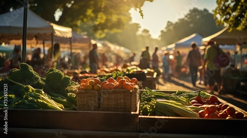 A farmer's market with people walking around. Generative AI. photo