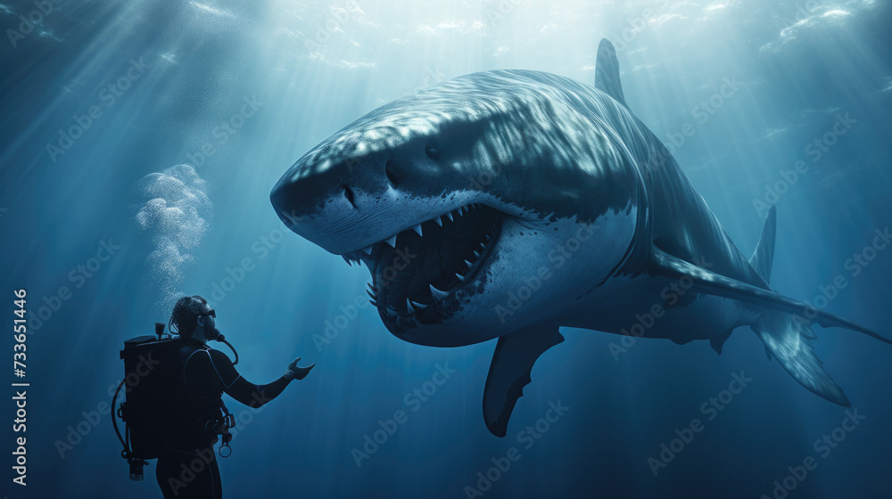 Fototapeta premium A man in a scuba suit is standing next to a great white shark. Generative AI.