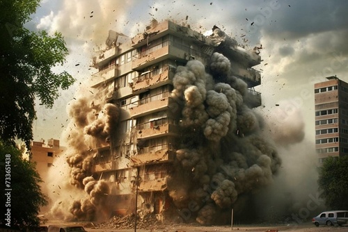 A tragic event where terrorists bomb a residential building during war. Generative AI photo