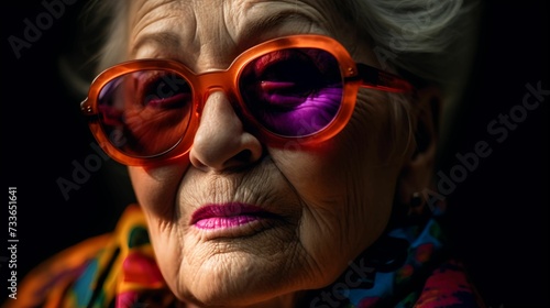 AI-generated illustration of an elderly woman wearing bright reddish-purple sunglasses.