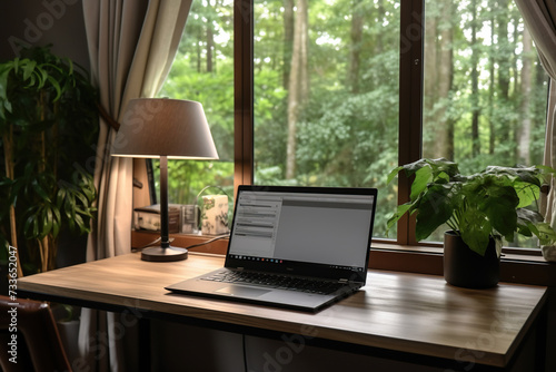 A modern laptop on a wooden tabletop near huge panoramic windows. Live plants in a pot. Remote work concept. Generated by artificial intelligence © Vovmar