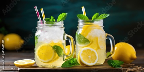 Homemade lemonade drink with lemon slices and ice in mason jars, close-up