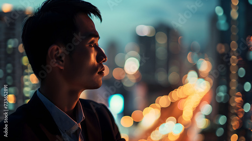 Close up of a young successful Asian business man looking at the night city with professional cinematic light