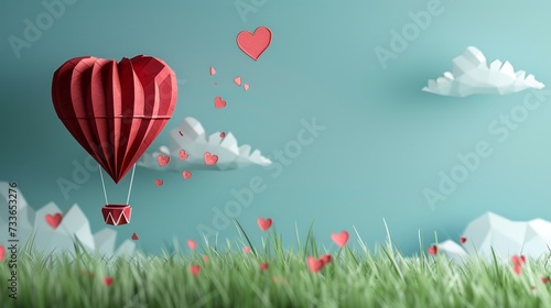 Love Takes Flight: Origami Heart Balloon Over Verdant Meadow