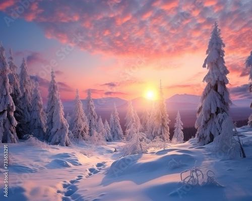 Winter landscape wallpaper with treesn snow and sunset sky © Ovidiu
