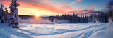 Winter landscape wallpaper with treesn snow and sunset sky
