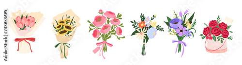 Set Blossomed floral bunches from cut garden and field blooms, leaf. Floristic arrangements, elegant and gentle designs. 