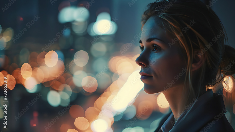 Close up of a young successful Caucasian business woman looking at the night city with professional cinematic light Close up of a young successful Caucasian business woman looking at the night city with professional cinematic light