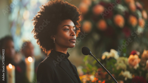 Woman Speaking at Serene Outdoor Funeral Service