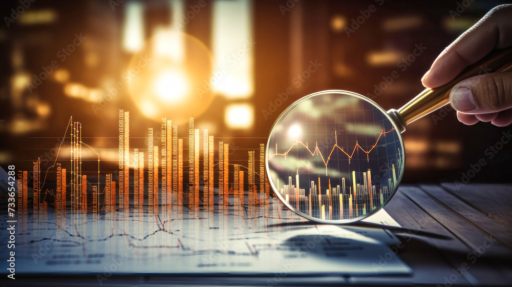 Fototapeta premium Hand Holding Magnifying Glass Over Chart, Market Research in Action. Business Control over quotes and shares. Market research. Trader.