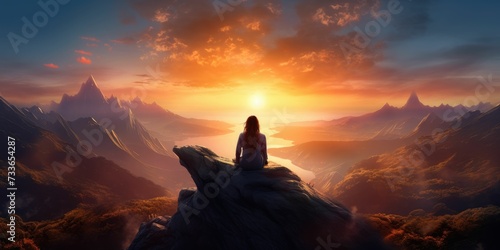 woman sitting on the top of a mountain and looking at the sunset photo