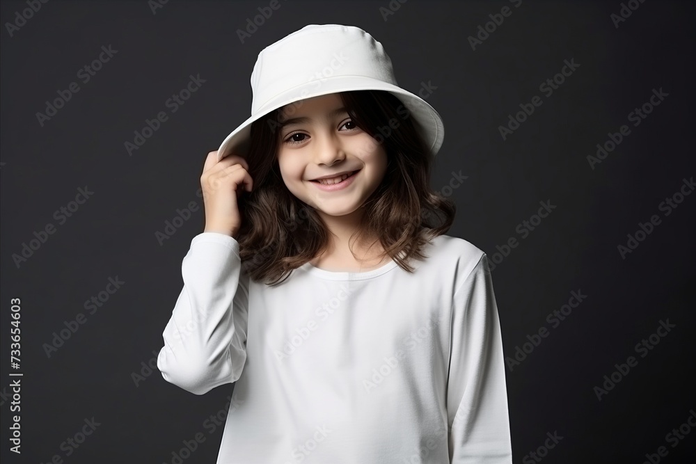 Portrait of a cute little girl in white hat on dark background Portrait of a cute little girl in white hat on dark background