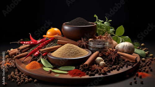 Assorted Spices on Wooden Plate