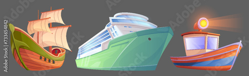 Floating sailboat with wooden deck, wind in masts and lamp. Cartoon vector illustration set of different size ships for cruise travel, fishing and sailing voyage. Marine transport and vessel.