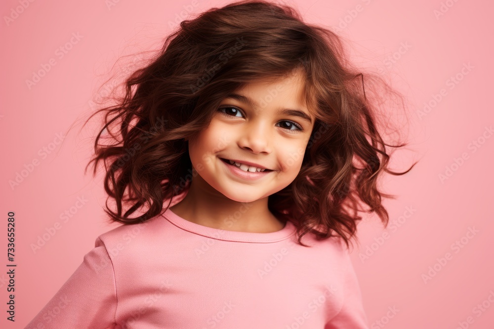 Portrait of a smiling little girl with long curly hair over pink background Portrait of a smiling little girl with long curly hair over pink background