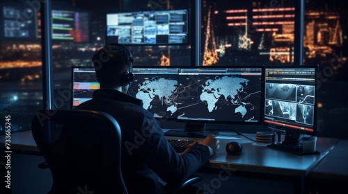 A male cybersecurity engineer monitors network traffic, protects networks from cyber attacks in the Security Operations Center.