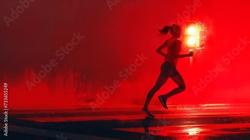 Young fit girl silhuette running in red light