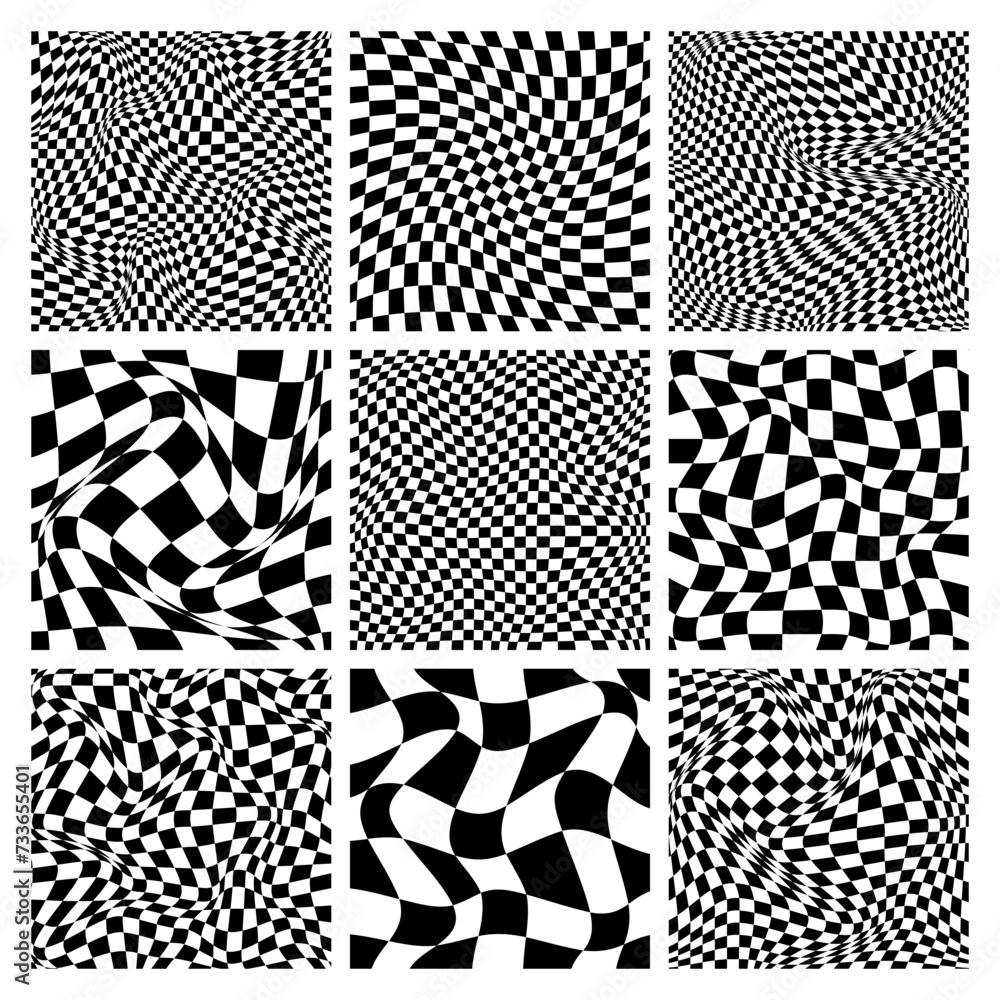 Trendy checkered pattern, black and white distorted tiled grid. Wavy curved backdrop, distortion effect. Funky geometric chessboard texture, retro background in 90s style, y2k. Vector illustration Trendy checkered pattern, black and white distorted tiled grid. Wavy curved backdrop, distortion effect. Funky geometric chessboard texture, retro background in 90s style, y2k. Vector illustration