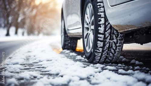 Close-up photo of a car tire on the road in winter time