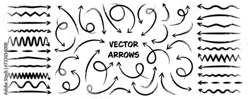 Grunge hand drawn arrows, highlighter lines. Marker stroke, brush pen drawn underline. Handwritten text pointers, notes, marks. Vector illustration