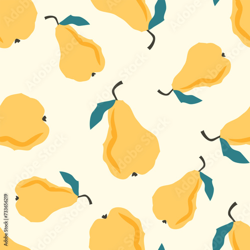 A seamless pattern of yellow pears with leaves on a beige background