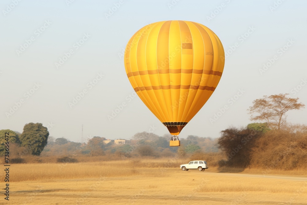 Obraz premium Airborne adventure. hot air balloon floating above ground, accompanied by vehicle
