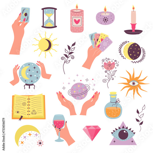 Set of alchemy esoteric mystical magic elements. Witchcraft magical stickers. Flat vector illustration.