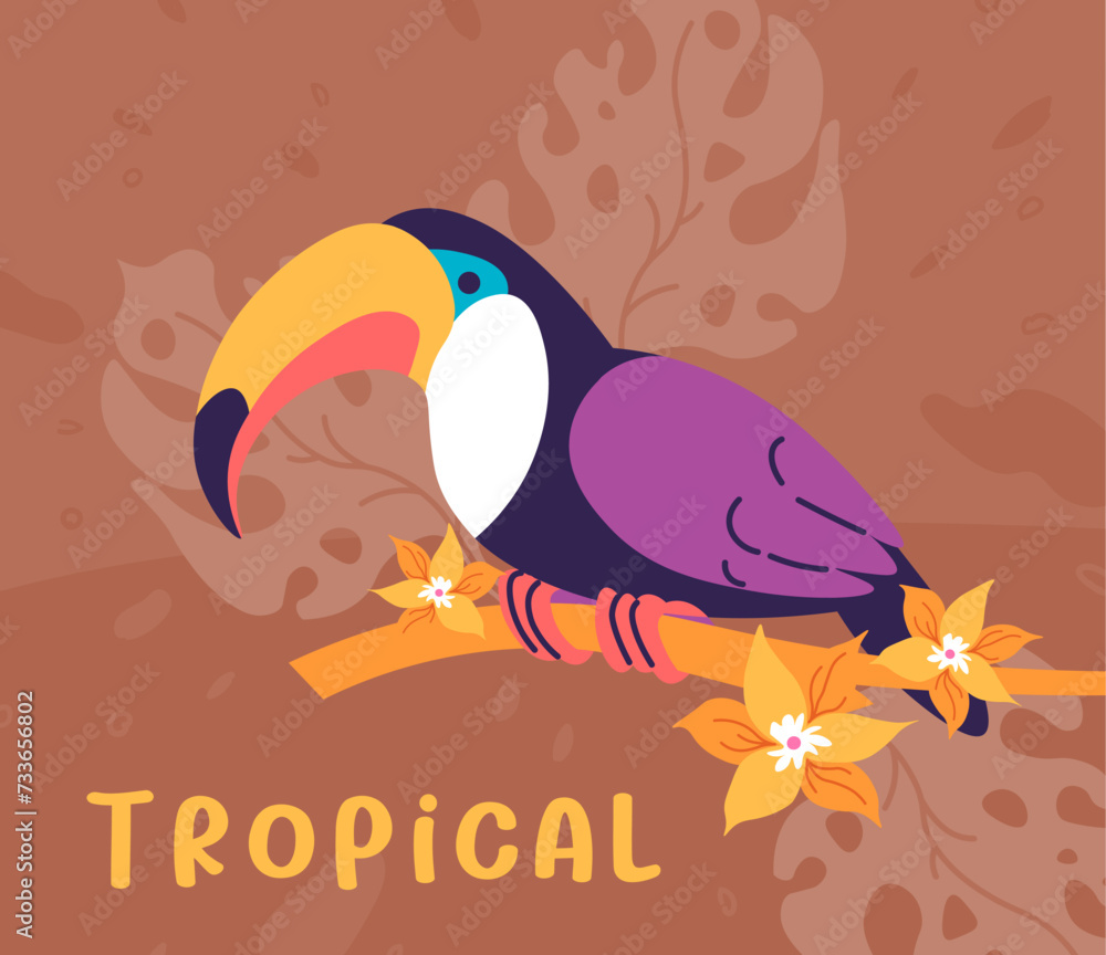 Obraz premium Tropical birds, toucan on blooming vanilla branch