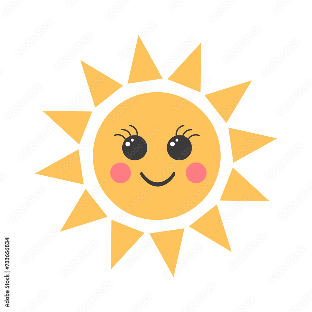 Kawaii sun. Cute sun character. Vector illustration isolated on white background.