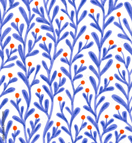 Hand drawn seamless marker pattern with plants and berries on a white background