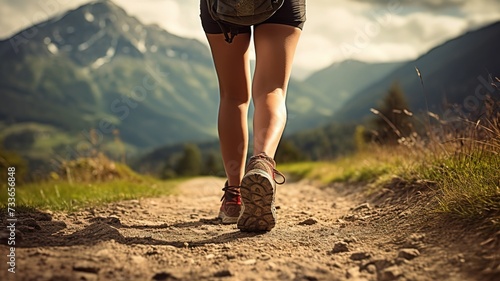 close-up of the leg of men or women in sports shoes for sports and travel walking along a forest path in the mountains in summer. perspective with an emphasis on hiking shoes. active lifestyle alone