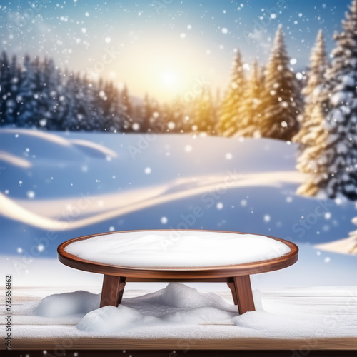 Winter Wonderland Showcase: Outdoor Table for Product Display © caiquame