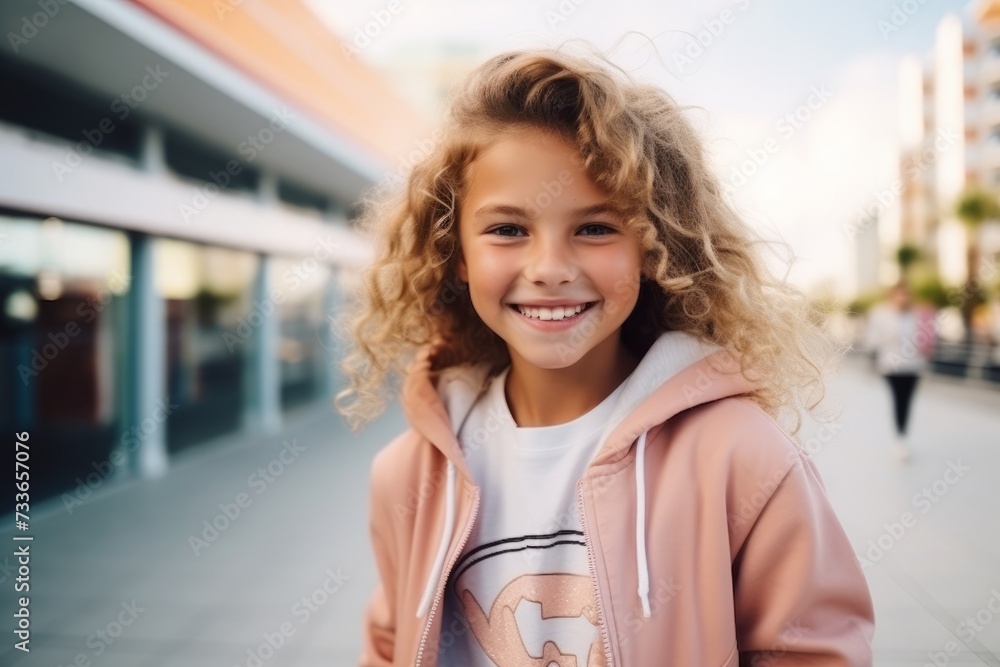 Portrait of a cute little girl with curly hair in urban background