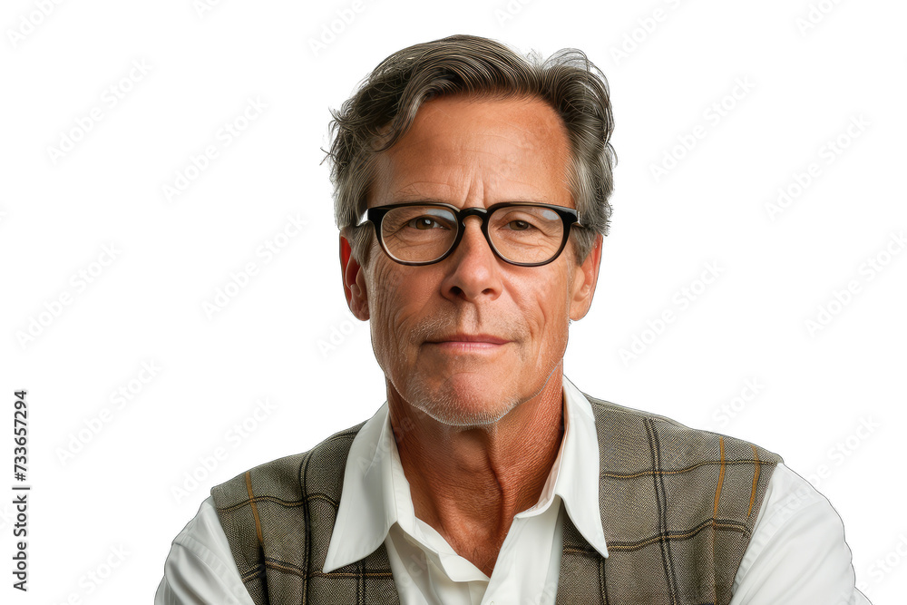 Mature Businessman with Glasses in Tweed Vest Isolated Transparent PNG