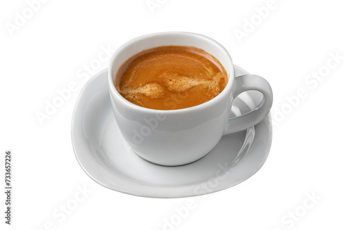 Fresh double espresso coffee and coffee beans on white background